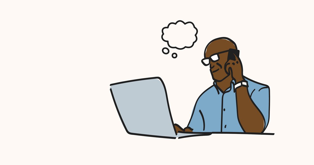 An illustration of someone using a laptop computer, deep in thought. 