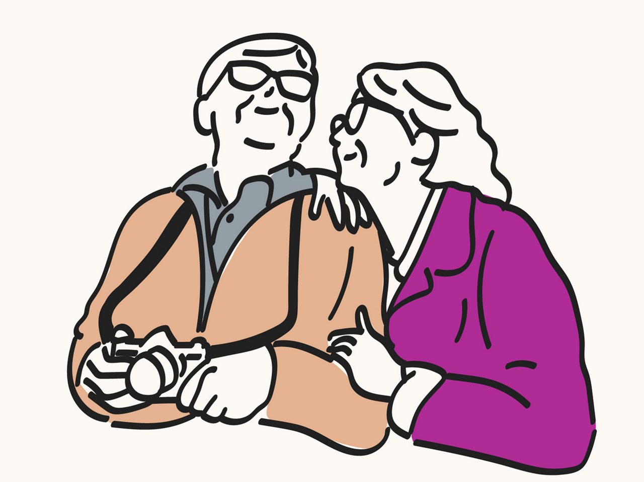 An illustration of a couple embracing and smiling warmly. 