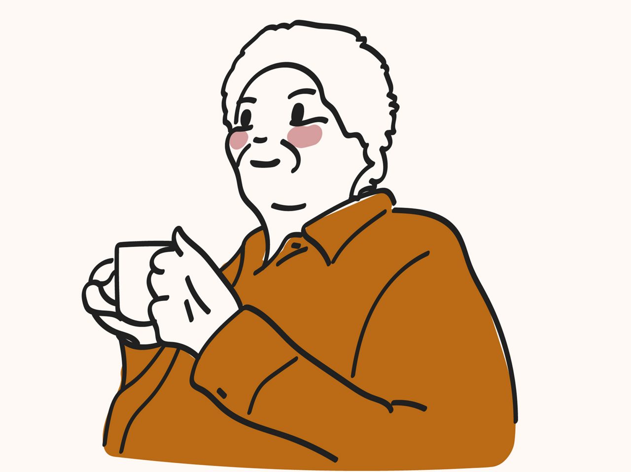 An illustration of a person holding a mug, standing confidently and smiling.