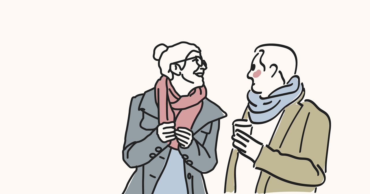 An illustration of two people in conversation, laughing.