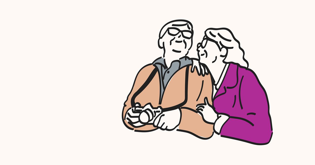 An illustration of a couple embracing and smiling warmly.