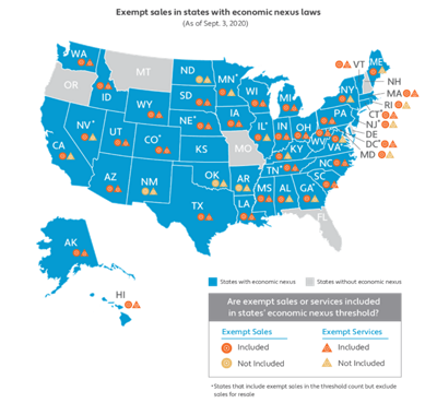 Map of states with economic nexus thresholds