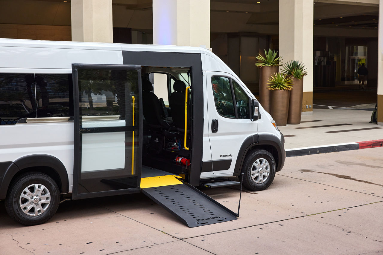 Commercial ProMaster full-size ada van manual wheelchair ramp with simple stow and handle