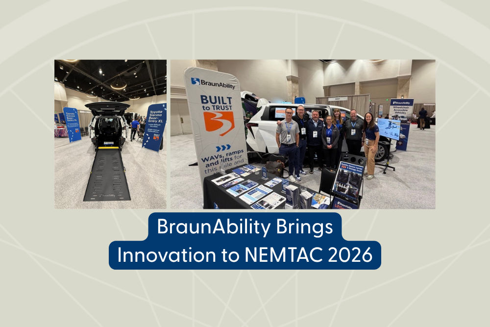 BraunAbility at NEMTAC 2026. Van with open ramp and group photo