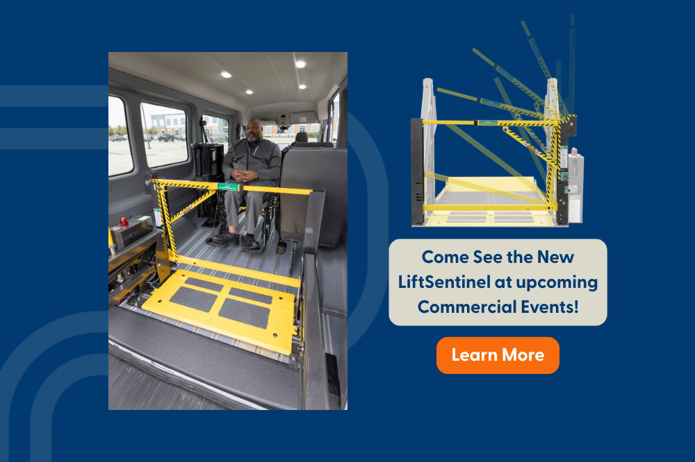 LiftSentinel in use in full-size vehicle and wheelchair user in vehicle. 