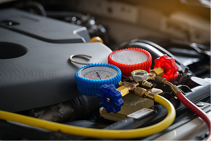 Air conditioning gauage set ready for use to test a vehicle cooling system.