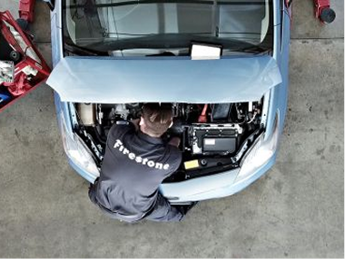 Bird's eye view of a technician working under the hood of a car.