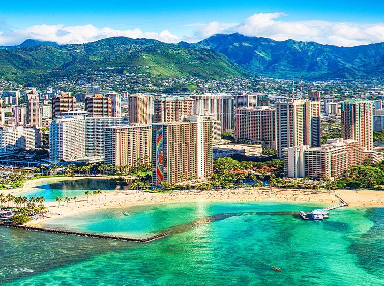 Honolulu skyline aerial view with beach