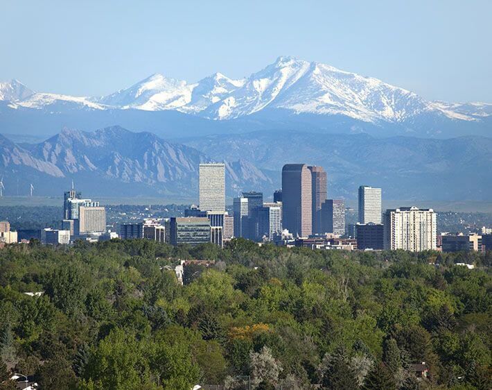 Denver skyline and tree line with snow-covered mountains in the background