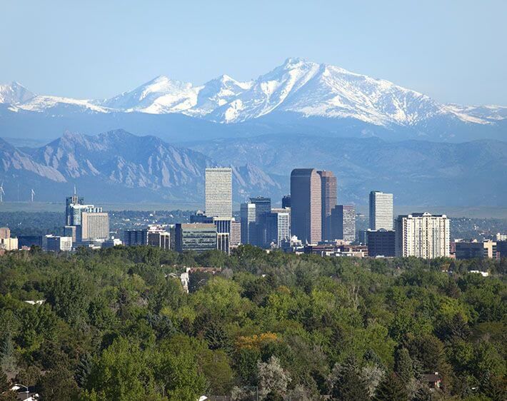 Denver skyline and tree line with snow-covered mountains in the background