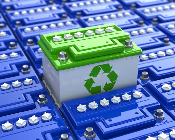 Graphic of many blue car batteries, with one battery above the rest with a green recycle symbol on it
