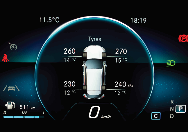 Illustrative overview of a digital dashboard for a vehicle with details on tire pressure and illuminated vehicle system icons.