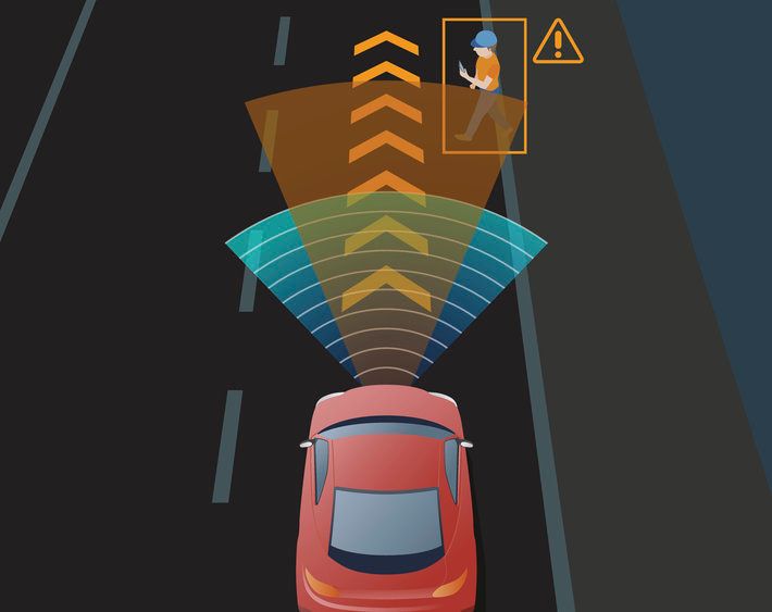 Advanced Driving Assistant System (ADAS), Blind Spot Monitoring, automobile sensing technology, top view, vector illustration