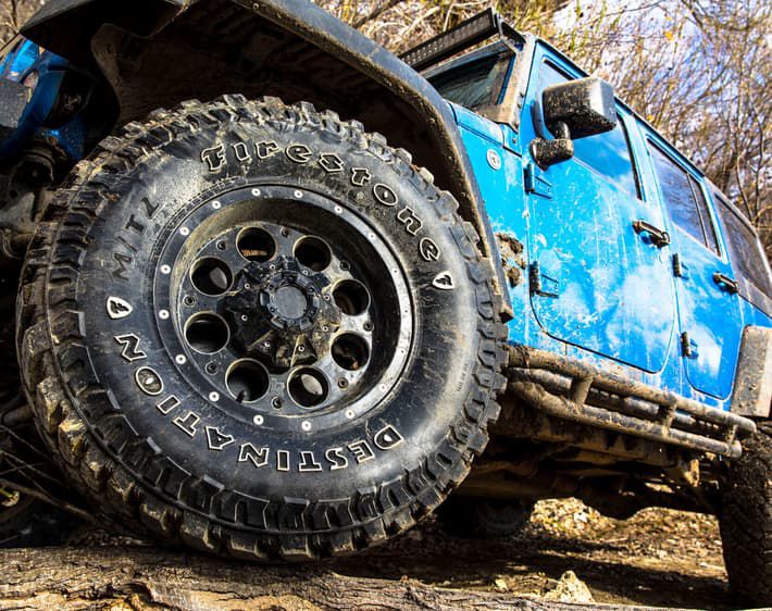 Destination MT2 tire covered in mud