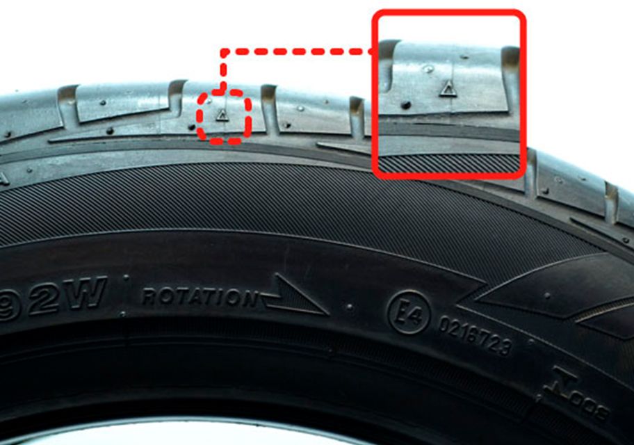 Medida triangular de las cubiertas Bridgestone que señala el desgaste de la goma