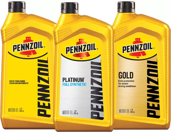 Three bottles of Pennzoil engine oil. From left to right they are labeled Pennzoil, Pennzoil Platinum full synthetic, and Pennzoil gold synthetic blend.