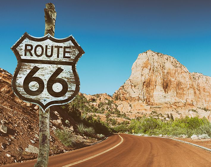 route 66 road sign in the desert of southwestern USA