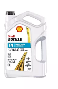 A container of Shell Rotella T4 Triple Protection heavy duty diesel oil.