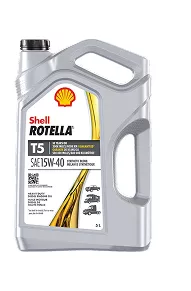A container of Shell Rotella T5 heavy duty diesel oil.
