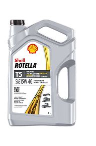 A container of Shell Rotella T5 heavy duty diesel oil.