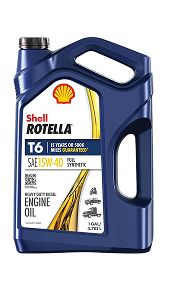 A container of Shell Rotella T6 heavy duty diesel oil.