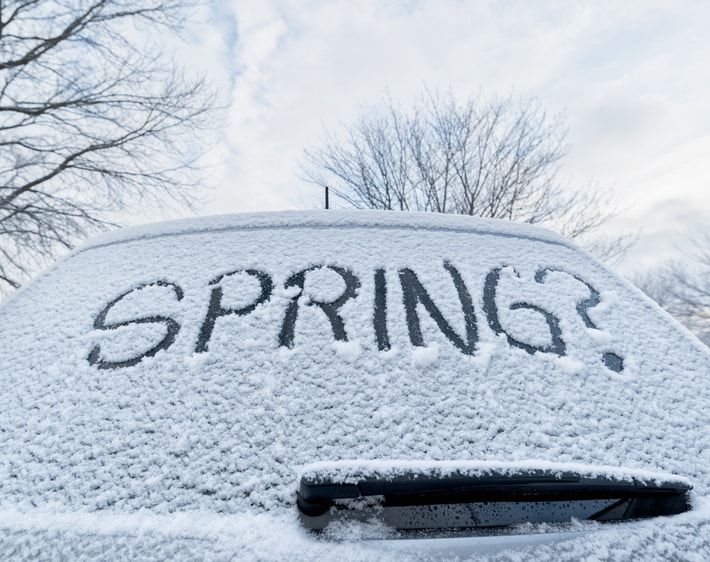 Spring written in snow on a car