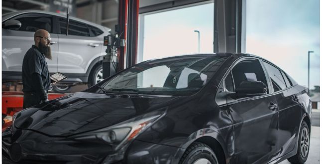 A technician inspecting a vehicle
