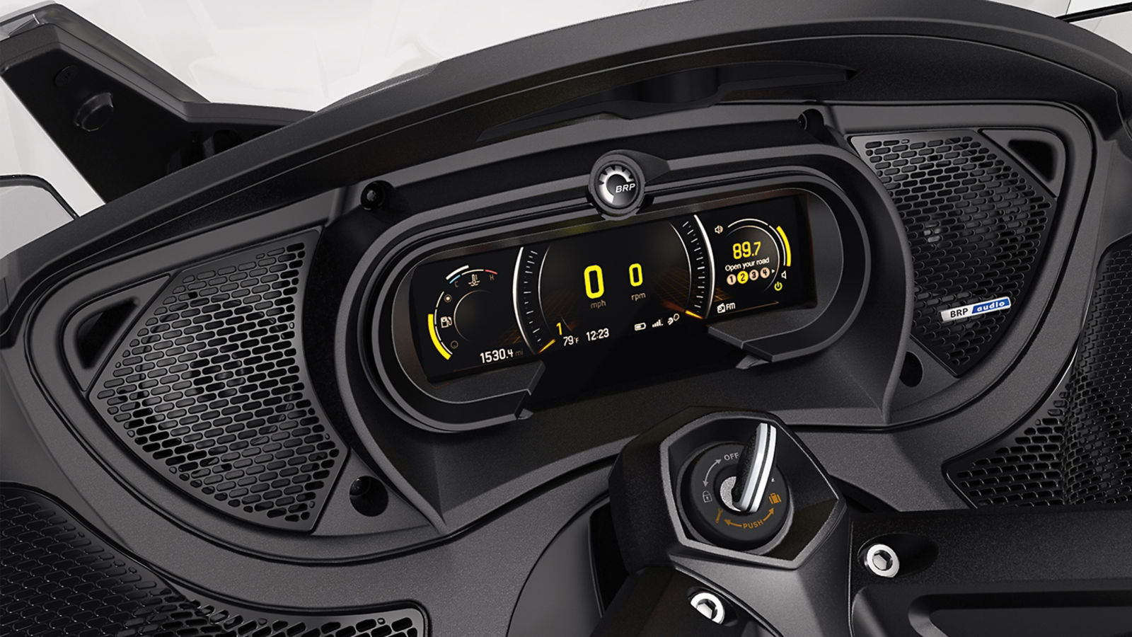 The instrumentation and BRP Connect display of a Can-Am Spyder vehicle