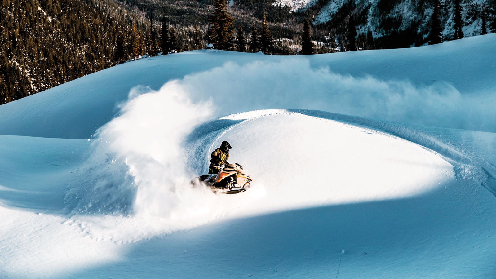 Men driving a Ski-Doo Freeride in deep snow