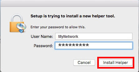 Enter the network password and choose Install Helper.