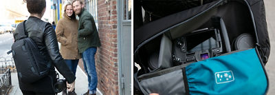 Side by side photos of behind the scenes shot of photographer and clients on the left and Lindsay's camera bag and camera on the right