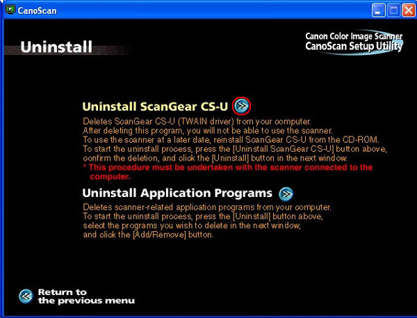 Uninstalling the scanner driver (D1230UF, D2400UF, D1250U2/U2F, D646U/Uex )