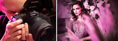 Side-by-side shot of photogapher with EOS R and the resulting photo of the model in the pink and purple floral dress in a pink and purple floral backdrop