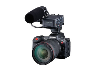 Canon EOS R5 C - Front Slant Left with Tascam XLR Microphone