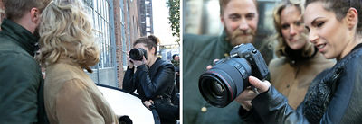 Side by side photo of Lindsay taking an image of her clients on the left and Lindsay showing her clients the result on the right