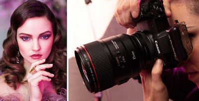 Side-by-side shot of photogapher with EOS R and the resulting photo of the model in a close up headshot 
