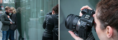 Side by side shot of Lindsay photographing her clients on the left and a tip down photo zoomed in on Lindsay in action on the right