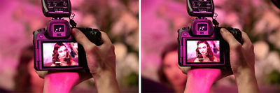 side by side shot of EOS R screen showing the model's head