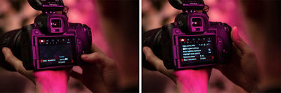side by side shot of EOS R screen showing the camera settings