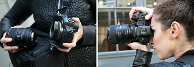Side by side images of Lindsay replacing her EOS R camera lens on the left and a portrait shot of her shooting with it on the right