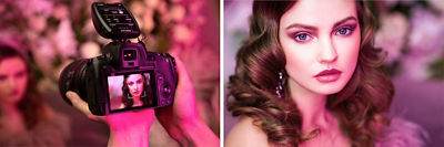 Side-by-side shot of EOS R camera with the model's headshot on the screen and the resulting headshot photo to the right