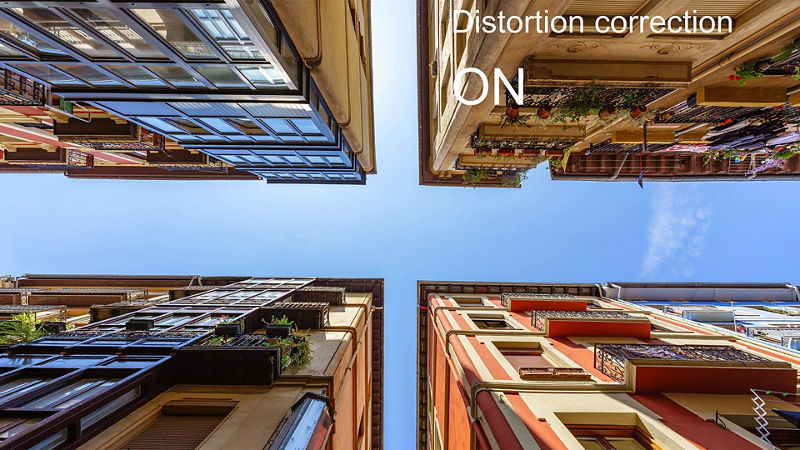 Distortion‑corrected upward view of buildings with straight lines