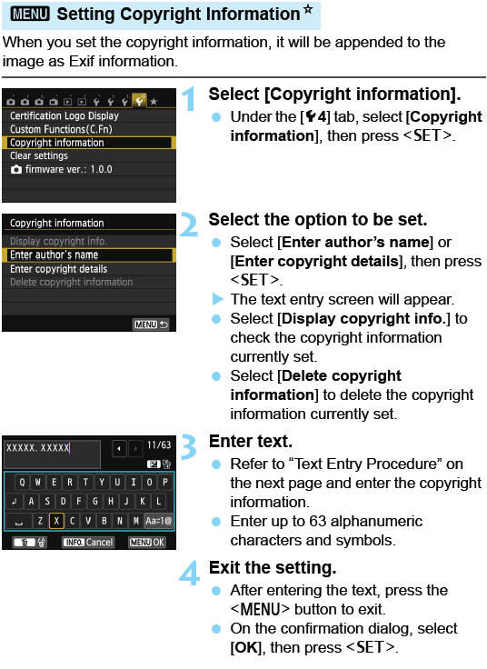 MENU Setting Copyright Information