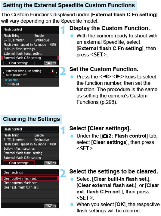 MENU Built-in Flash Settings and External Flash Func. Setting