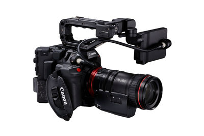 Canon C300 Mark III - Front Side Right with Cine-Servo 70-200mm and LCD on Side