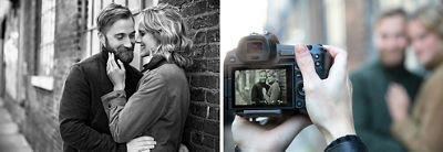 Side by side images of a black and white shot on the left of the newly engaged couple and the view through the camera of them on the right