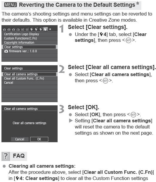 MENU Reverting the Camera to the Default Settings