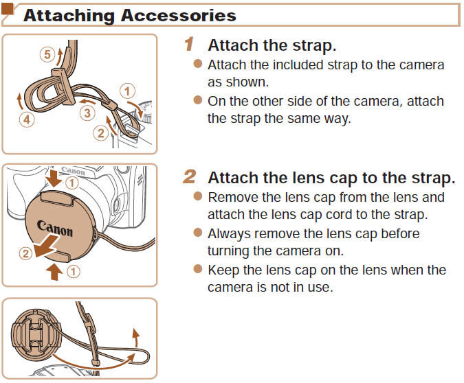 Attaching the Camera Strap and Lens Cap