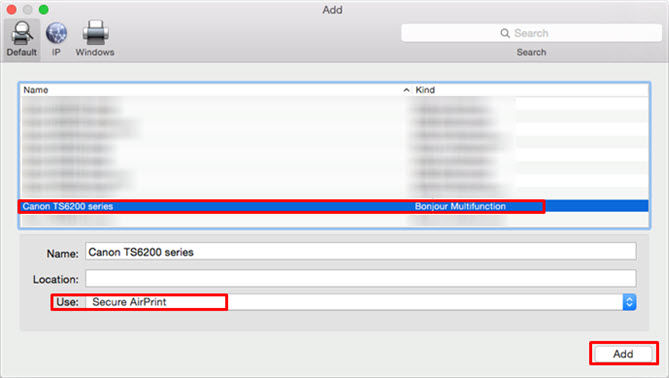 Canon TS Series selected under Name, where Bonjour Multifunction is listed in the Kind column. Secure AirPrint selected in the Use: drop-down, then Add chosen at bottom right of screen.