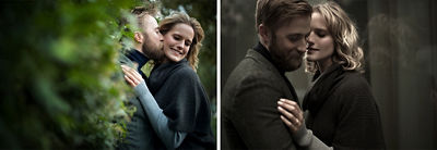 Side by side image peeking through the bushes to see the groom-to-be kissing his fiance on the cheek on the left and a romantically set photo on the right of the couple leaning into each other